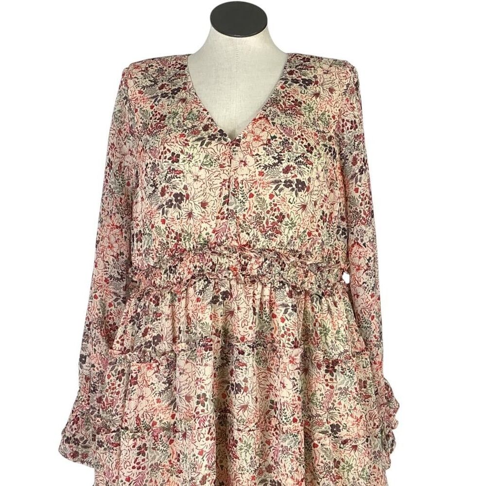 Torrid Mini Dress Women 2X Beige Floral Lurex Chiffon Tiered V Neck Puff Sleeve - Picture 3 of 11